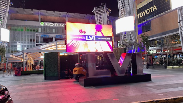 An LED wall advertising Super Bowl LVI